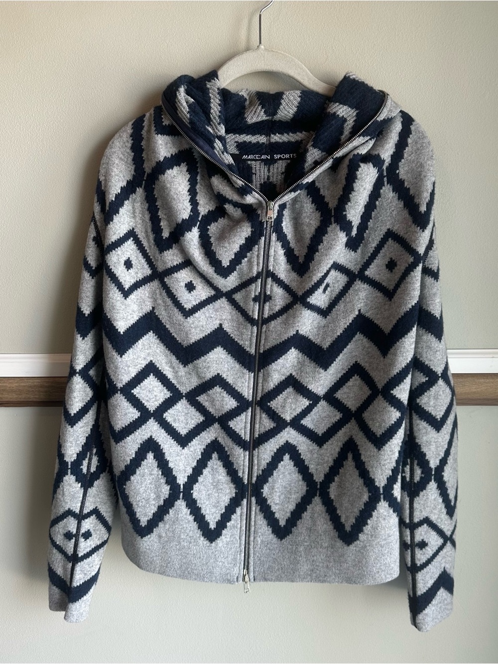 Marc Cain Wool Cashmere Blend gray blue Geometric hooded Full Zip Sweater